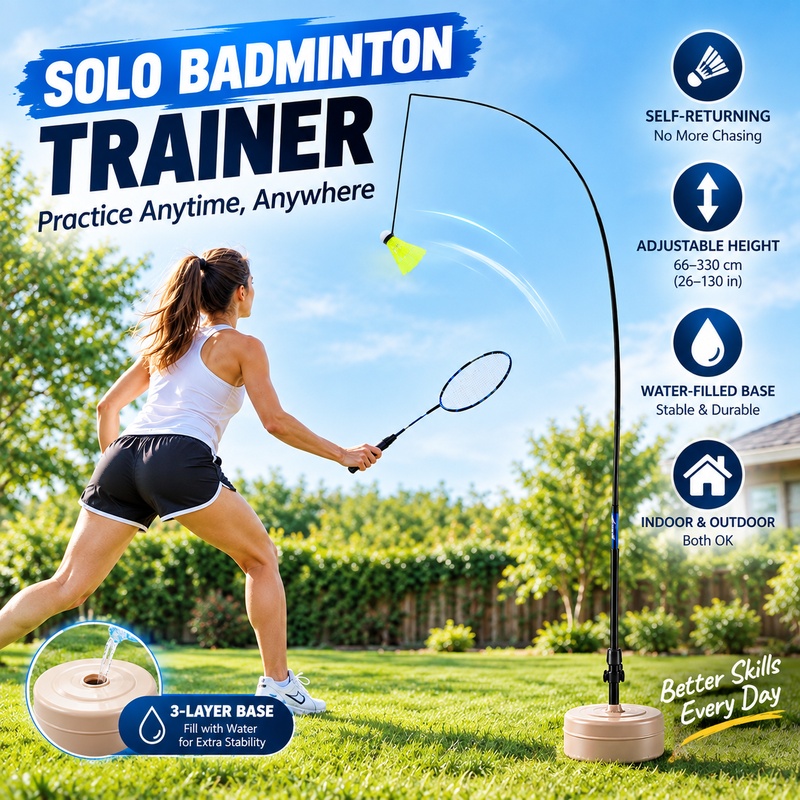 Badminton Shuttlecock - 子供から大人まで使える、室内・屋外で使える、自動返球機能付きのバドミントン練習セット。弾性のあるシャトルコックと水を入れる容器が付属。