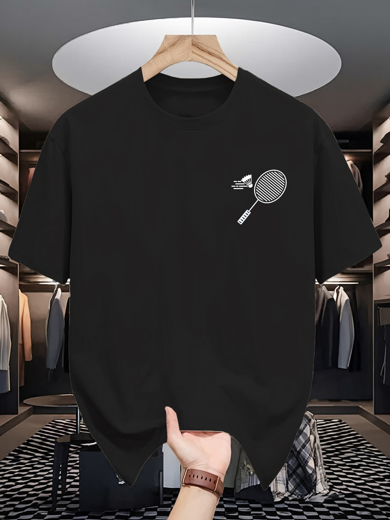 メンズクルーネックTシャツミニマルチェストバドミントンラケッ - Badminton Shuttlecock のレビューと価格